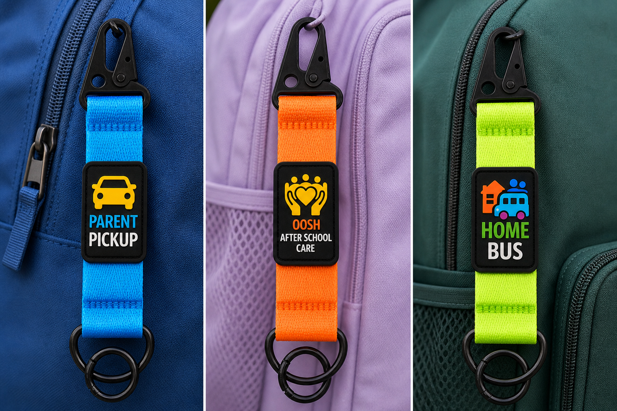 DuraKid's three bag tags — Parent Pickup (blue), OOSH After School Care (orange), Home Bus (green)