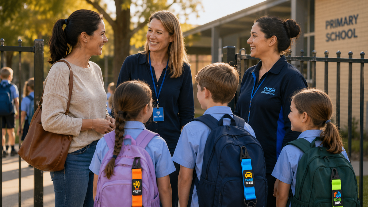 Three children at primary school gate wearing DuraKid bag tags