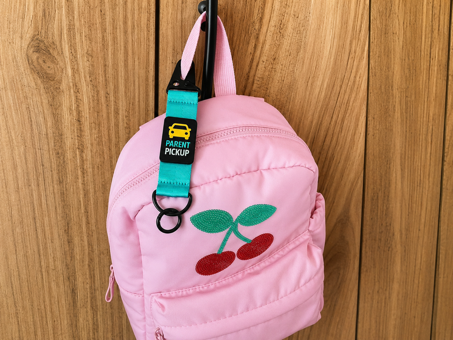 DuraKid Parent Pickup tag on a child’s school bag
