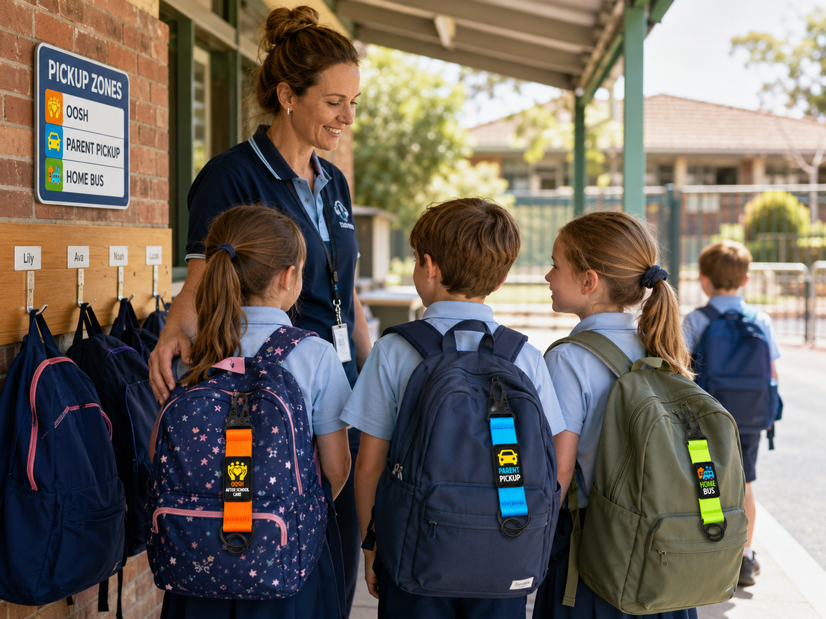 DuraKid's three bag tags — Parent Pickup (blue), OOSH After School Care (orange), Home Bus (green)