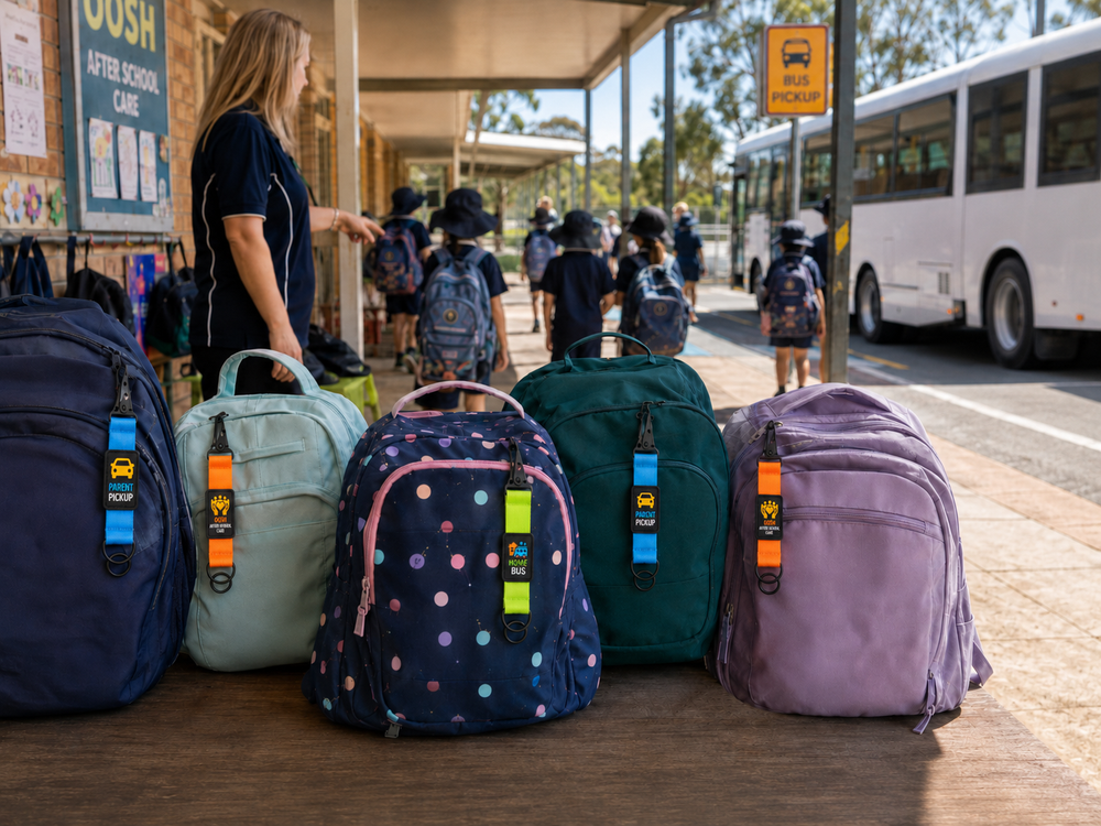 DuraKid tags shown on multiple school bags
